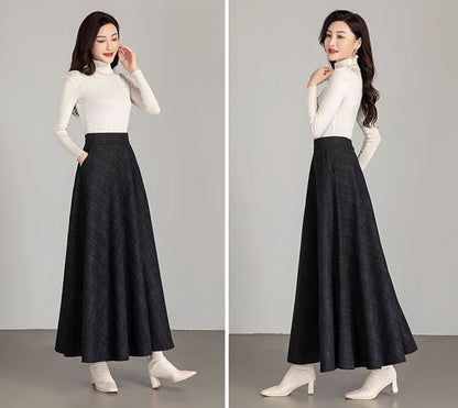 Black Wool Maxi Skirt - A-Line with Pockets and Back Elastic Waist 4672-3