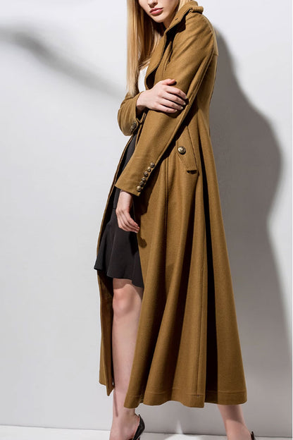 Camel Wool Maxi Coat – Vintage Long Winter Overcoat with Pockets 4718