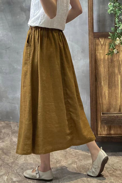 Linen Drawstring Waist Midi Skirt - Pockets Button Detail | Xiaolizi 4305