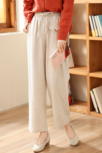 beige loose fitting linen pant 4309