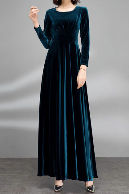 Dark Blue Velvet Maxi Dress - Fitted Waist, Long Sleeve Elegance 4478