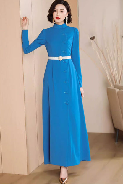 Blue Polyester Maxi Dress - Stand Up Neckline, Fit and Flare 4787