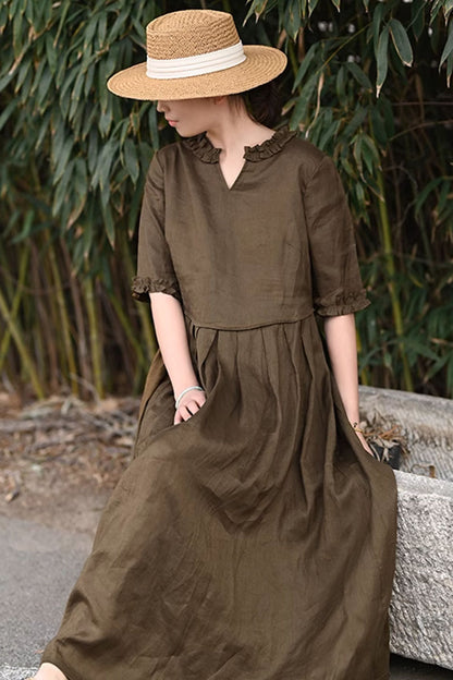Brown Linen Maxi Dress - Ruffle V-Neck with Elbow Sleeves 4320