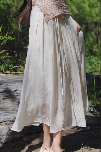 Beige Linen Swing Pleated Skirt - Fitted Waist, Summer Comfort 4342