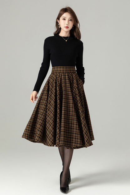 Brown Plaid Wool Midi Skirt – Vintage Swing High Waist Winter Skirt with Pockets 4498