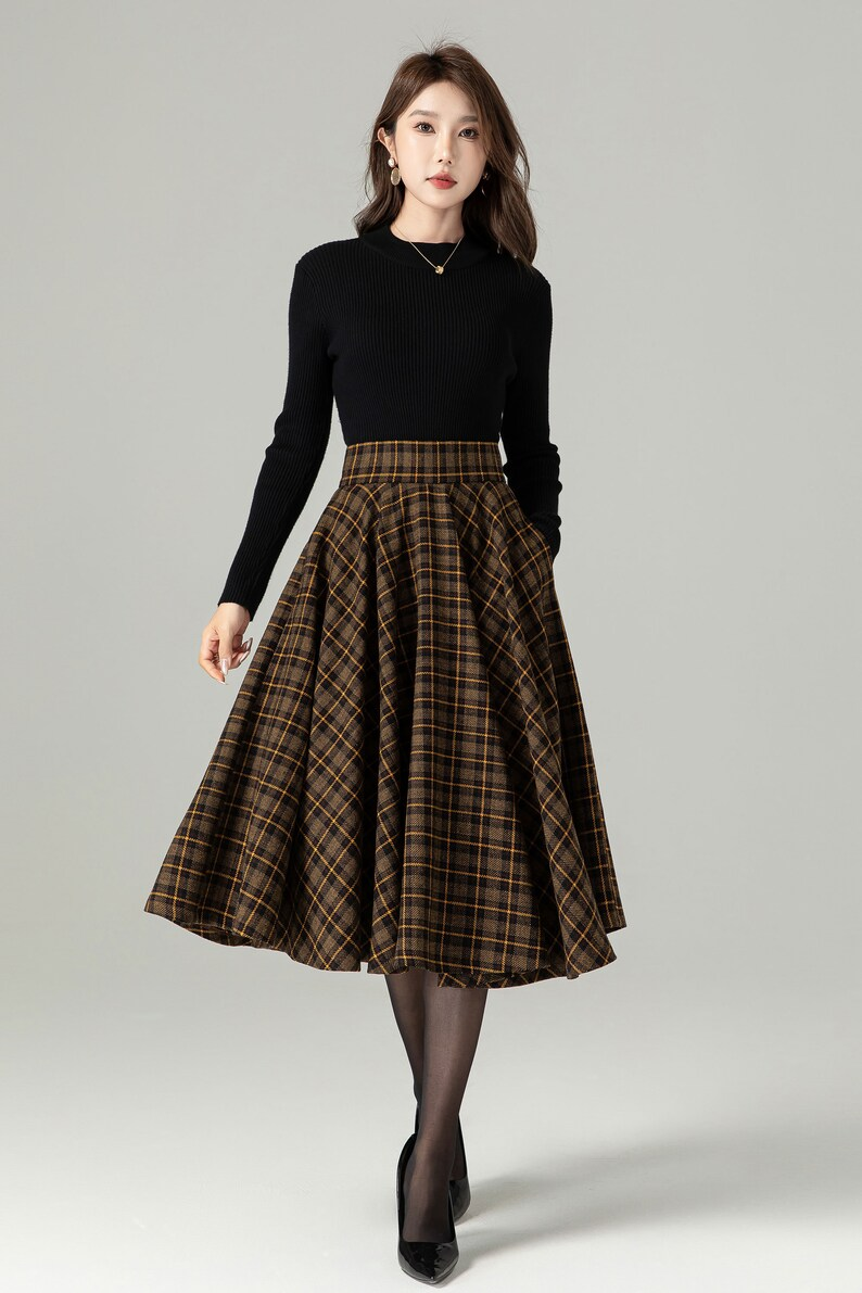Midi Wool Plaid Skirt, Swing Skirt 4498