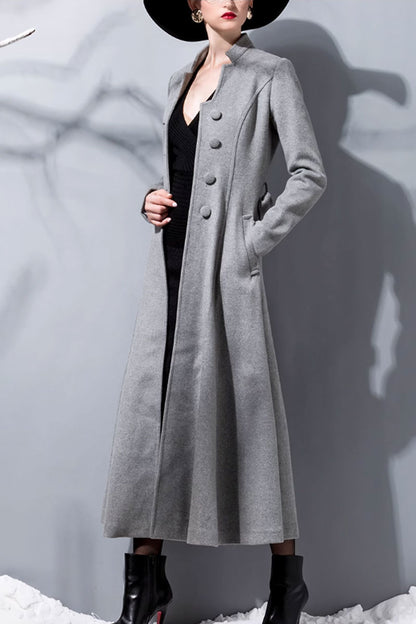 Gray Wool Fit and Flare Long Coat - Elegant Double-Breasted Silhouette 4713