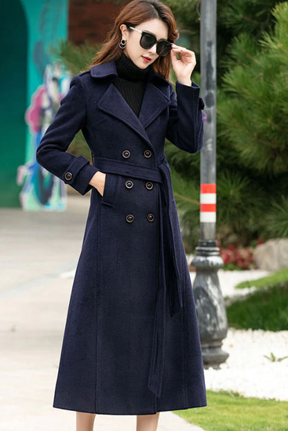 Navy Wool Maxi Coat - Double Breasted A-Line with Belt 2459
