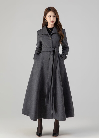 Vintage Gray Wool Blend Coat – Elegant Belted A-Line Maxi Coat | Xiaolizi 4516
