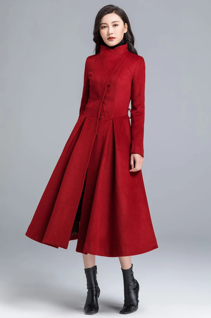 Red Wool Coat Dress – Vintage High Neck Fit-and-Flare Long Winter Overcoat 2482
