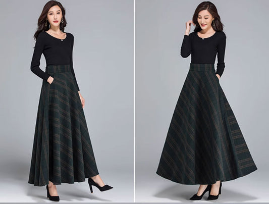 plaid winter long wool skirt women 4779