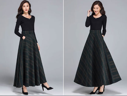 Plaid Wool A-Line Maxi Skirt - Back Elastic Waist, Side Pockets 4779
