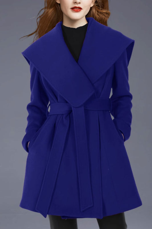 short blue winter wool coat with big lapel collar 4434