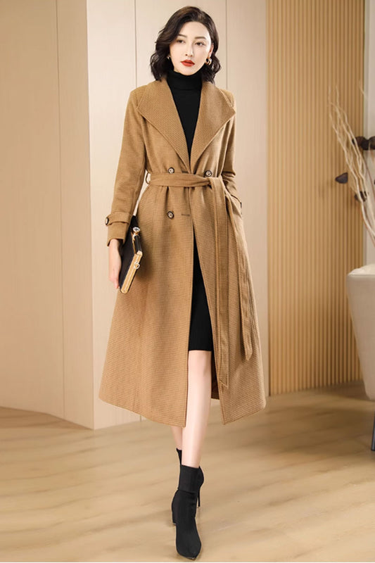 Double breasted winter plaid wool coat women 4704