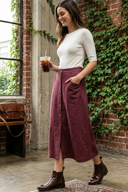 Woman in a white top and maroon skirt standing in a room with brick walls and ivy, holding a drink.