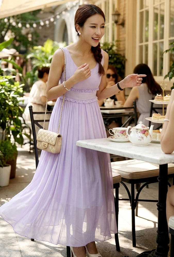 Woman in a lavender dress standing in an outdoor cafe setting
