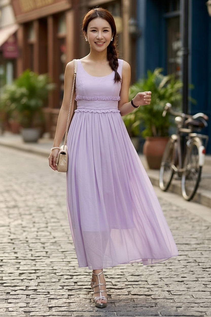 Woman in a long lavender dress walking on a street with buildings and plants in the background.
