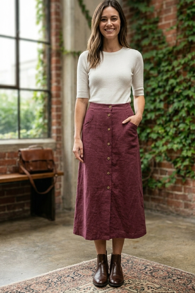 Woman wearing a white top and maroon skirt standing in a room with brick walls and greenery.