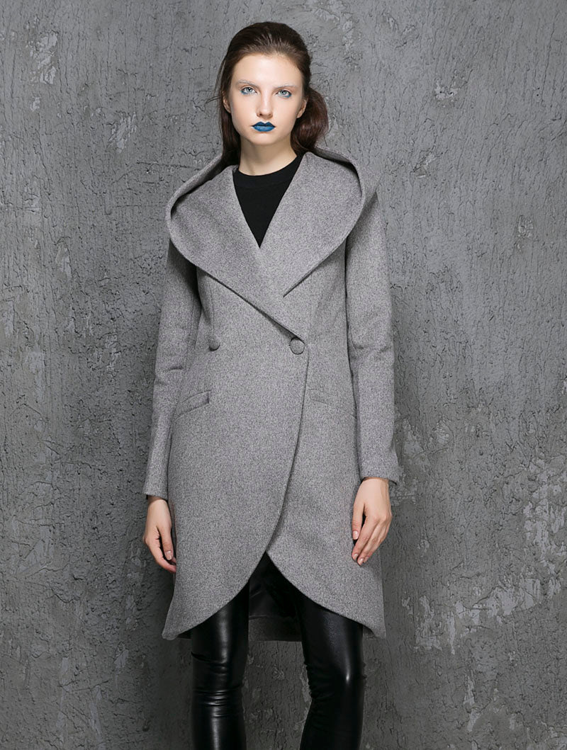 Gray Oversized Hood Wool Coat – Asymmetrical Winter Midi | Xiaolizi 1356