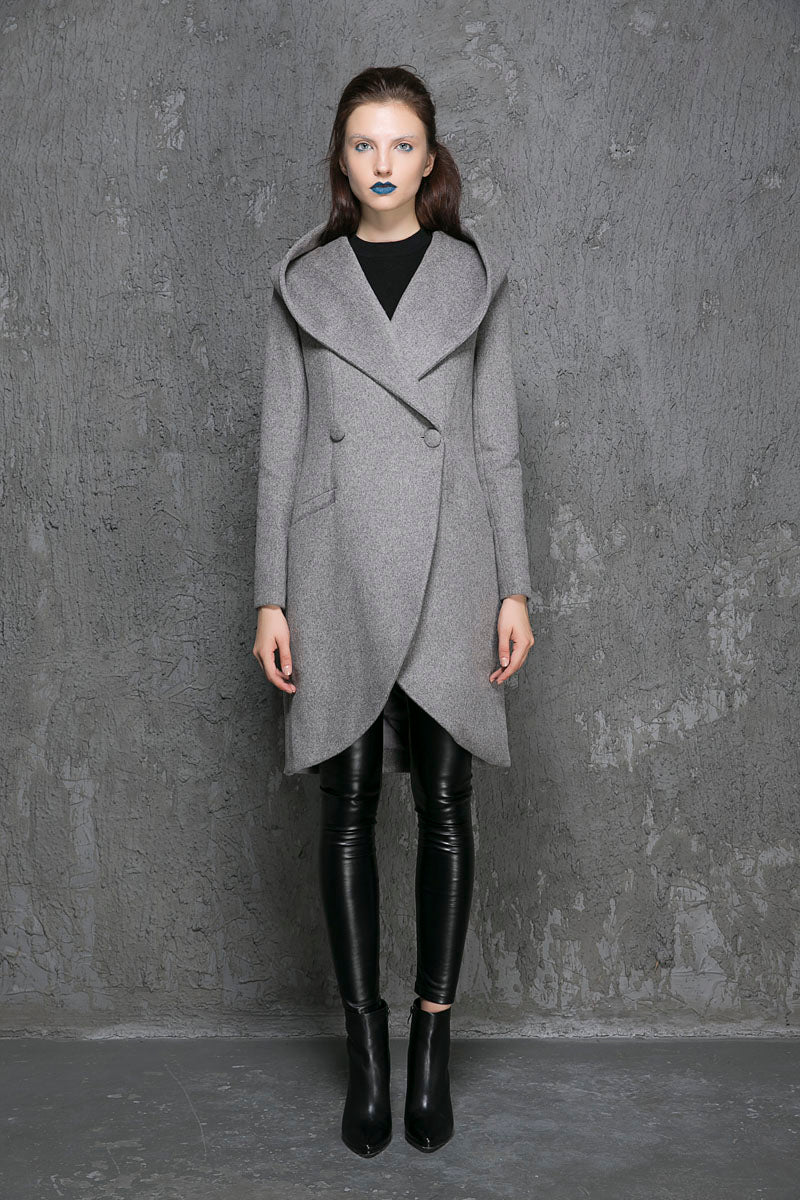 Gray Oversized Hood Wool Coat – Asymmetrical Winter Midi | Xiaolizi 1356