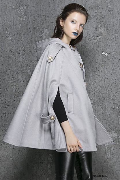 Gray Hooded Wool Poncho Coat – Handmade Double-Breasted Cape | Xiaolizi 1357
