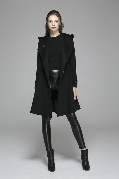 Vintage Wool Coat for Women – Handmade Black Hooded Double Breasted Military Winter Coat | Xiaolizi 1364