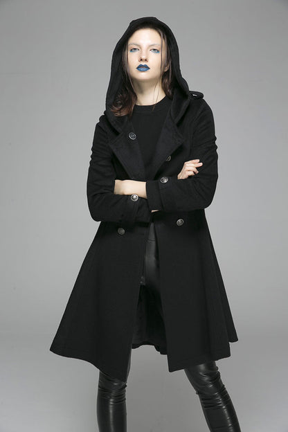 Vintage Wool Coat for Women – Handmade Black Hooded Double Breasted Military Winter Coat | Xiaolizi 1364