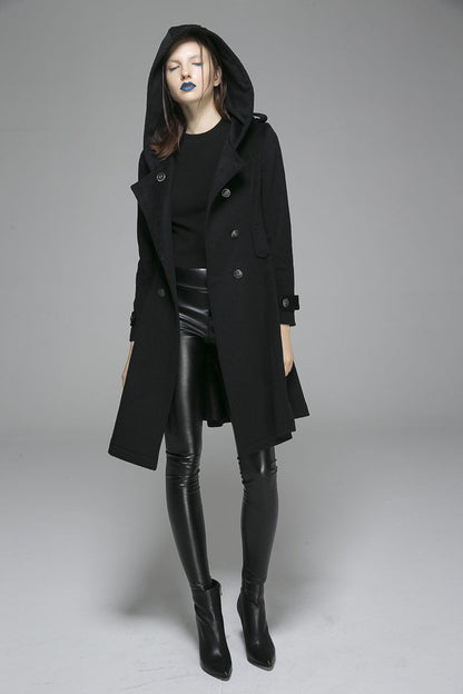 Vintage Wool Coat for Women – Handmade Black Hooded Double Breasted Military Winter Coat | Xiaolizi 1364