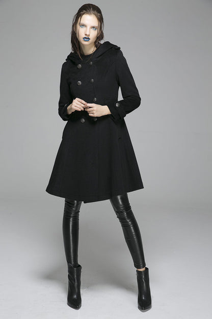 Vintage Wool Coat for Women – Handmade Black Hooded Double Breasted Military Winter Coat | Xiaolizi 1364