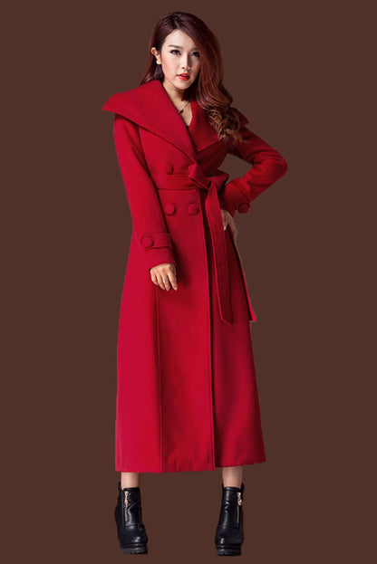 Red Wool Long Coat - Tie Belt, Big Collar Winter Outerwear 4689