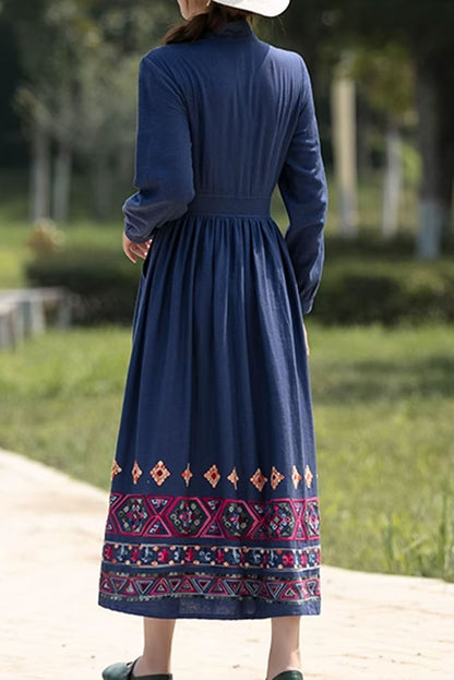 Blue Cotton Linen Midi Dress - Fitted Waist with Pockets 4820