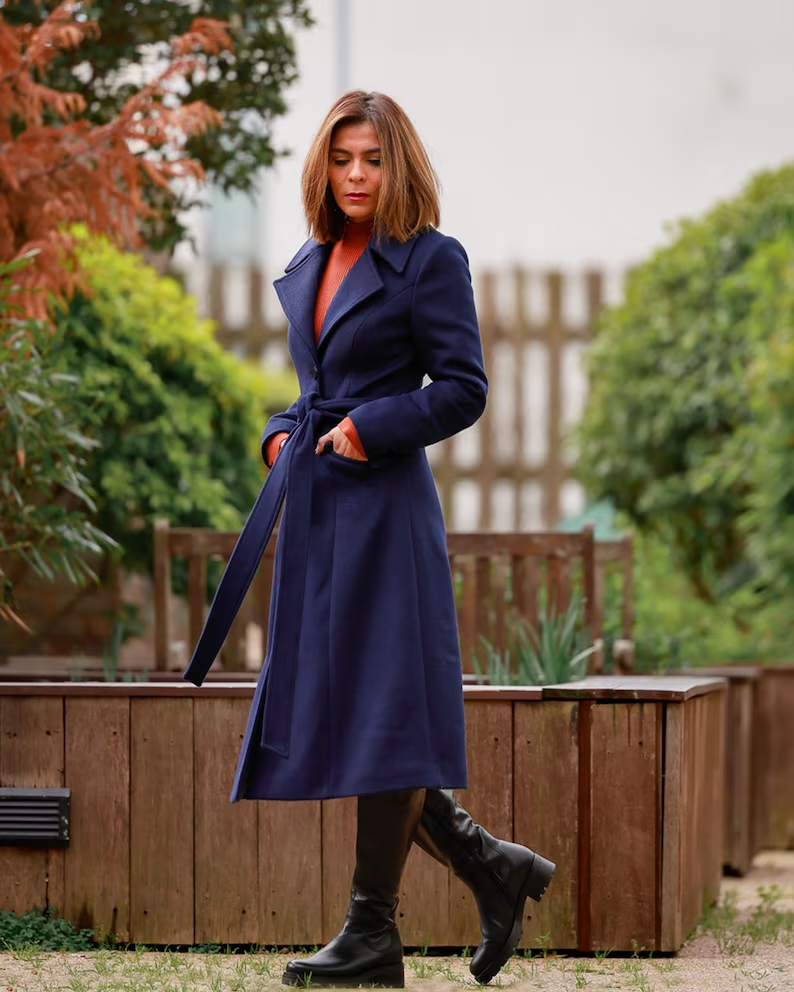 Belted navy blue warm long wool coat 4144