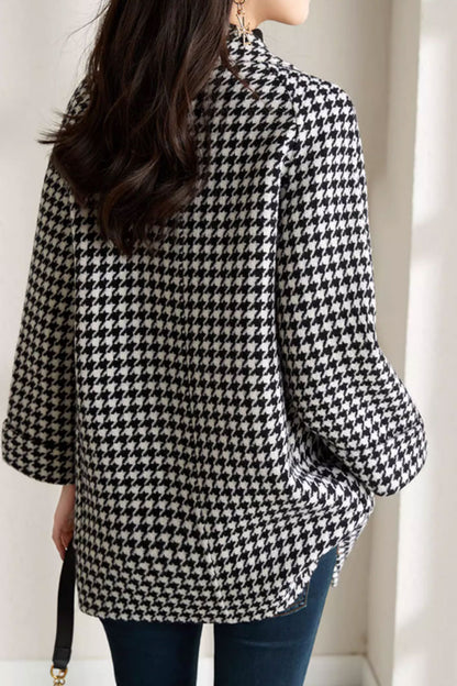 Black and White Wool Coat - Plaid Double-Breasted Lapel 4634