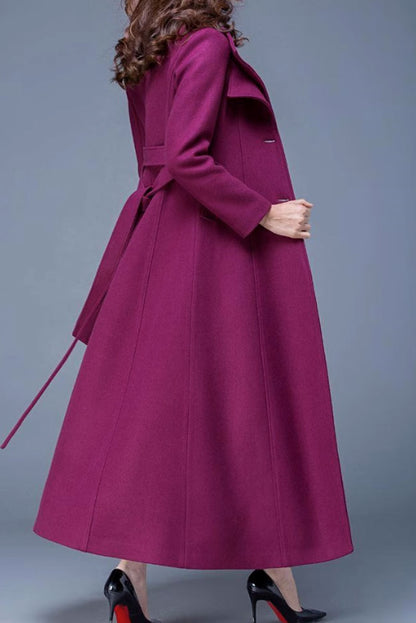 Handmade Wool Blend Coat – Elegant Lapel Maxi Overcoat with Belt & Pockets 4477