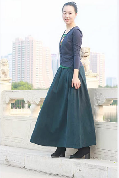 Linen Maxi Skirt - Elastic Waist Side Pockets Plus Size | Xiaolizi 4358