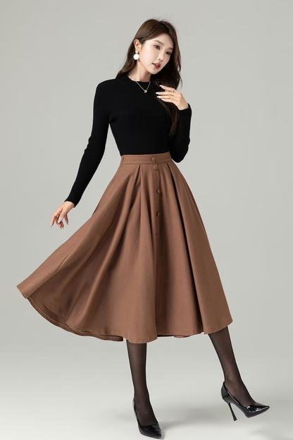 Brown Wool Blend Midi Skirt – Handmade A-Line Button Front Winter Elegance 4496