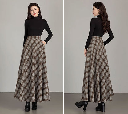 Brown Plaid Wool Maxi Skirt - Vintage A-Line With Pockets 4672-1
