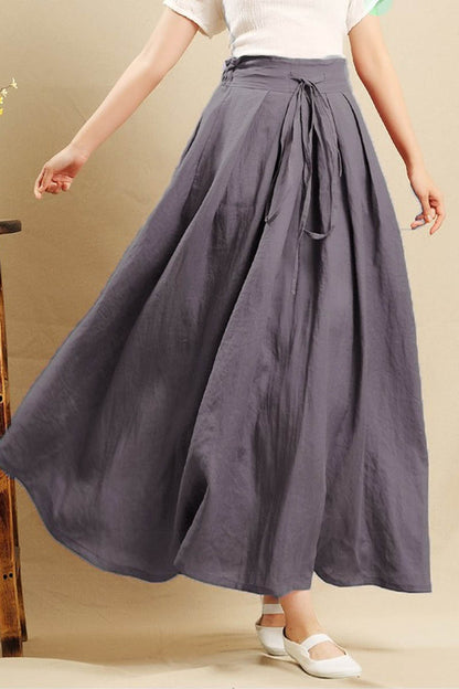 Navy Linen Maxi Skirt - Elastic Waist A-Line with Pockets 4357