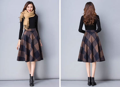 Navy and Brown Wool Skater Skirt - Vintage Flared Knee-Length 4642-2