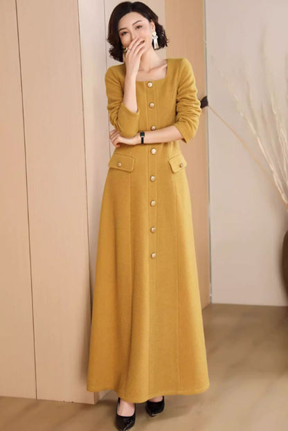 Yellow Wool Maxi Dress - Long Sleeve, Button Front Elegance 4709