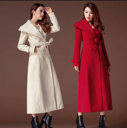 Red Wool Long Coat - Tie Belt, Big Collar Winter Outerwear 4689