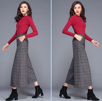 Black and Gray Wool Wide Leg Pants - Midi Length, Plaid Pattern 4660