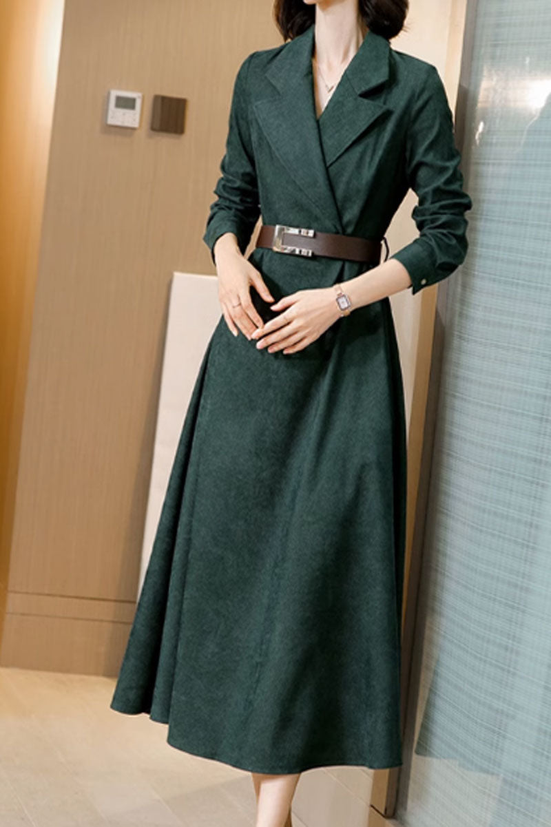 Long sleeves green corduroy winter dress women 4561 - green / S Long sleeves green corduroy winter dress women 4561 - green / S