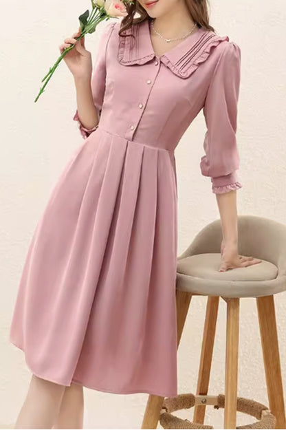 Pink long sleeves shirt dress with ruffle details 4886