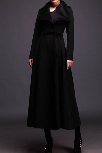 Dark Green Wool Long Coat - Double Breasted with Tie Belt 4712