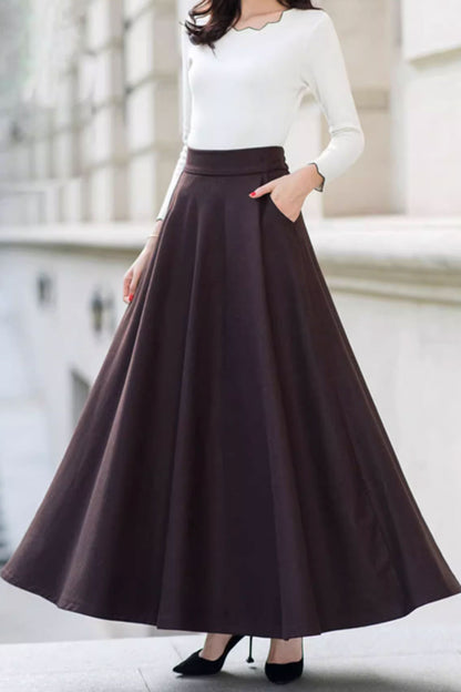 Brown Wool Maxi Skirt - A-Line Silhouette with Side Pockets 4746