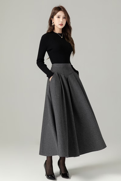 Gray A Line Maxi Wool Skirt 5227