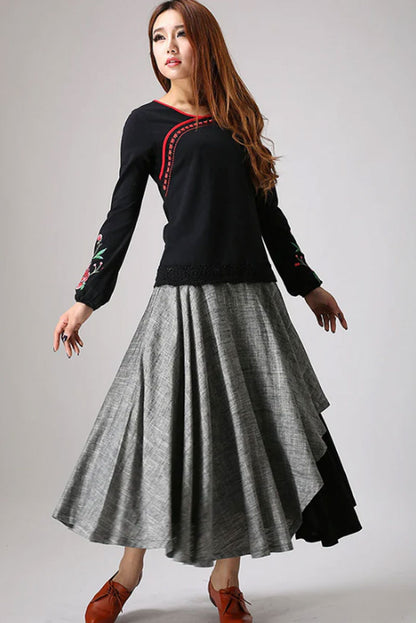 Gray Linen Maxi Skirt - Layered Pleated A-Line with Hip Pockets 868