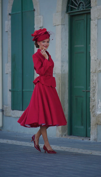 Red Linen V-Neck Blazer and A-Line Midi Skirt - Vintage-Inspired Elegance 6452