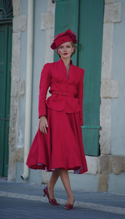 Red Linen V-Neck Blazer and A-Line Midi Skirt - Vintage-Inspired Elegance 6452